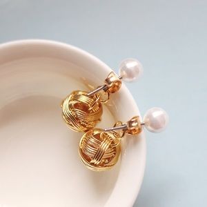 Pearl Studs Earrings Two Way Drop Gold Knot NEW